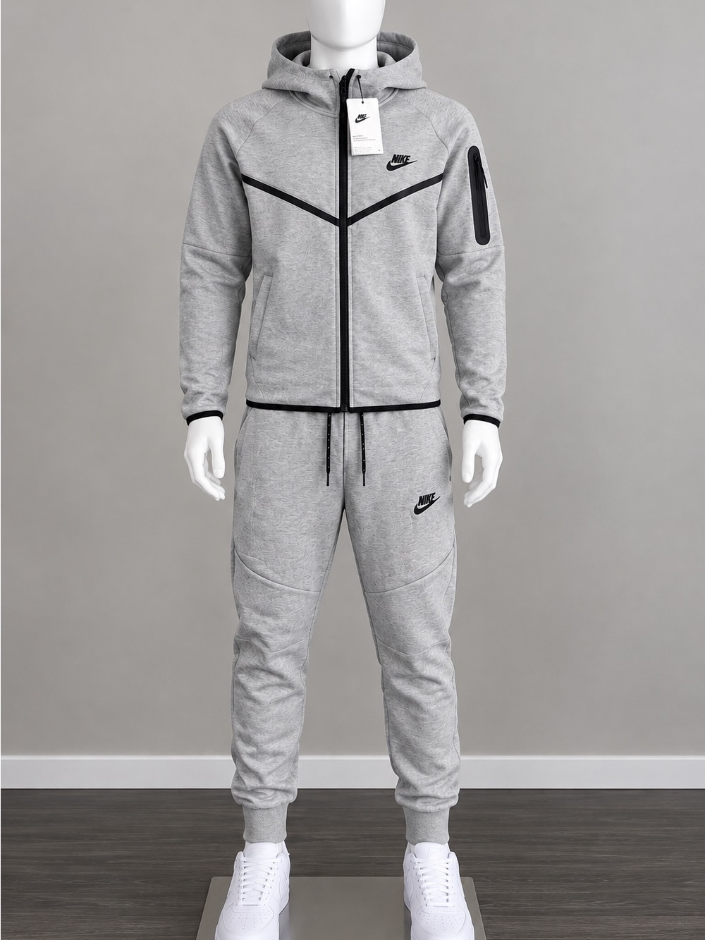 Nike Tech Fleece Grey Full Zip Hoodie & Jogger Tracksuit Set โ Black Swoosh - Picture 4 of 5